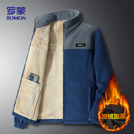 ROMON jacket men's autumn and winter trendy baseball uniform fleece jacket thickened stand-up collar polar fleece jacket men's ZR58 blue XL