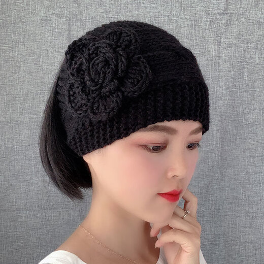 Knitted wool headband Korean headwear wide-brimmed elastic personalized braided European and American autumn and winter warm headscarf headband hat dark khaki pineapple flower