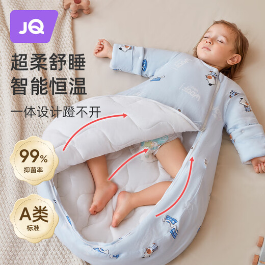 Jingqi sleeping bag baby spring and autumn sleeping bag all-in-one anti-kicking quilt for infants and newborns to keep babies warm and cold-proof, barking blue, autumn and winter medium thickness, size L, recommended height 85_105cm