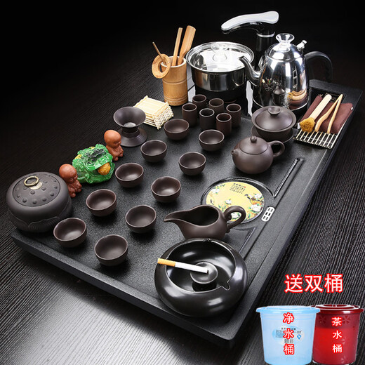 Empty cicada purple sand kung fu tea set home set living room fully automatic water boiling kettle tea tray tea table simple teapot tea cup 01 Mapan Xishi purple sand automatic black