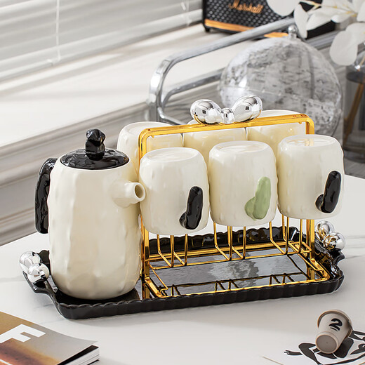 Turandot Dynasty Cream Style Ceramic Water Cup Tea Set Household Set Teacup Teapot Light Luxury Living Room New Marriage Moving-in Gift Cactus 9-piece Set with Free Spoon (Black Long Plate)