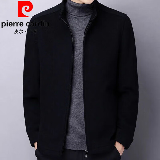 皮尔卡丹（pierre cardin）羊毛呢夹克男士冬季立领中年加棉加厚爸爸装保暖商务休闲外套针织 黑色【单里】立领款 M 【80-115斤】】