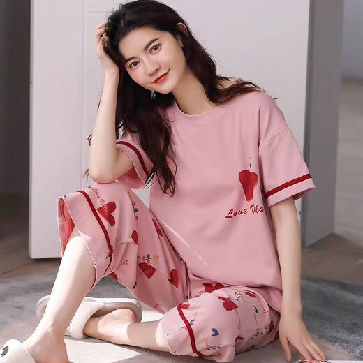 浪莎（LangSha）睡衣女夏季短袖七分裤加大宽松春夏天可外穿卡通可爱家居服套装 短袖七分裤5503_-684深紫 XL _建议115-125斤穿