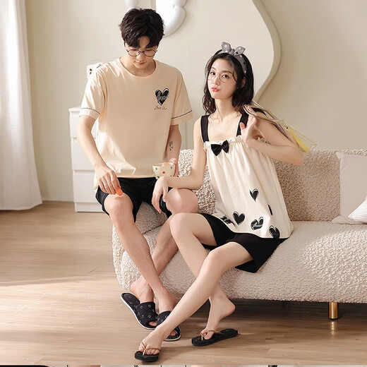 Lemianxin couple pajamas for women in summer pure cotton women home clothes suspenders casual cotton men summer pajamas suit DD9902 M women + men XL