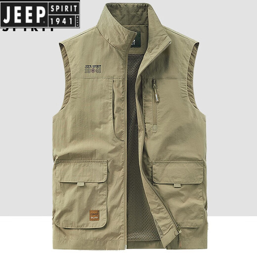 JEEP SPIRIT吉普户外工装钓鱼马甲男春秋季新款多口袋摄影休闲宽松百搭外套 军绿色(677春秋款) 3XL 建议165-180斤