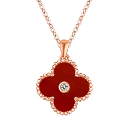 18K gold four-leaf clover diamond pendant rose gold color gold pendant au750 gold chain set birthday gift for girlfriend red agate 18K gold rose gold (single pendant)