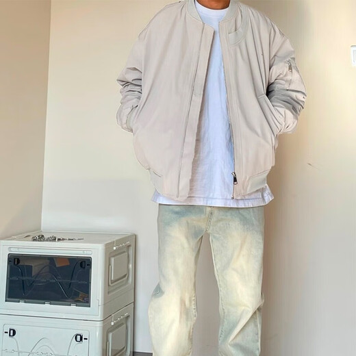 Digada autumn and winter jacket men's flight jacket men's cotton jacket men's plus velvet thickened baseball uniform men American retro couple TMZXF-W04 gray (spring and autumn style) 3XL [Suggested 150-170Jin [Jin equals 0.5 kg]]