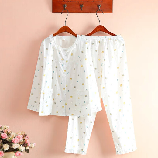 
Cotton twill pajamas for women in spring and summer thin long sleeves, fresh floral woven pure cotton pajamas home clothing set White lemon 6636 M 80-108Jin [Jin equals 0.5 kg]