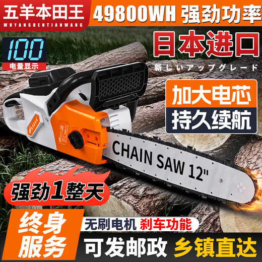 Wuyang Honda imported 12-inch rechargeable electric chain saw, household chainsaw, hand-held high-power lithium chainsaw, outdoor electric logging saw, imported quality - with brake - electric display - automatic spray, 12 inches, 2 batteries, 1 charger, 1 guide plate, 2 chains
