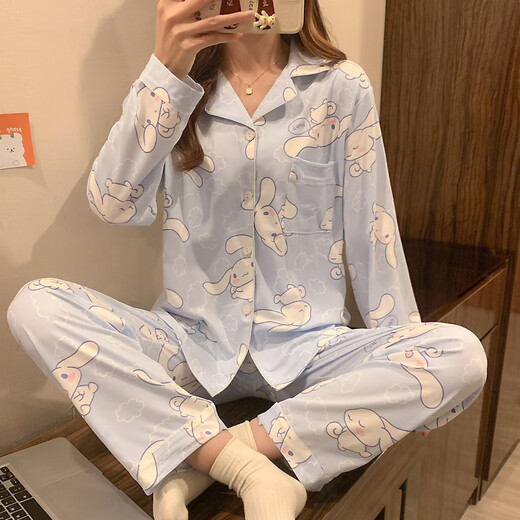 
REJIP spring and autumn cotton pajamas women ins cute cartoon lapel cardigan loose thin style can be worn outside home clothing set 9227 XL