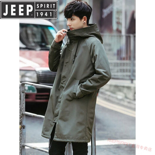 Jeep Spirit Military Windbreaker Herrenjacke Frühling und Herbst 2025 Neue mittlere Länge Überknee-Mantel mit Kapuzenladung Outdoor-Ladung Jacke schwarz-Sammlung und Priorität der Automobil-Lieferung 2xl 165-185jin [Jin ist gleich 0,5 kg]