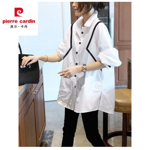Pier Cardin casual shirt for women 2023 Spring and Autumn New European products white medium length loose slim long sleeve design stripes splicing pure white 6215# S [Suggested within 105]