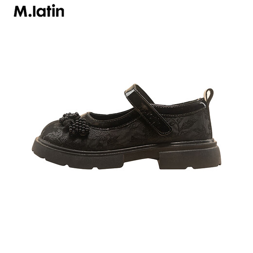 M.Latin/Rainbow's Poetry Series Maratin Children's Clothing Shoes Spring and Autumn New Style Girls' Dark Jacquard Pattern Small Leather Shoes Black Size 28