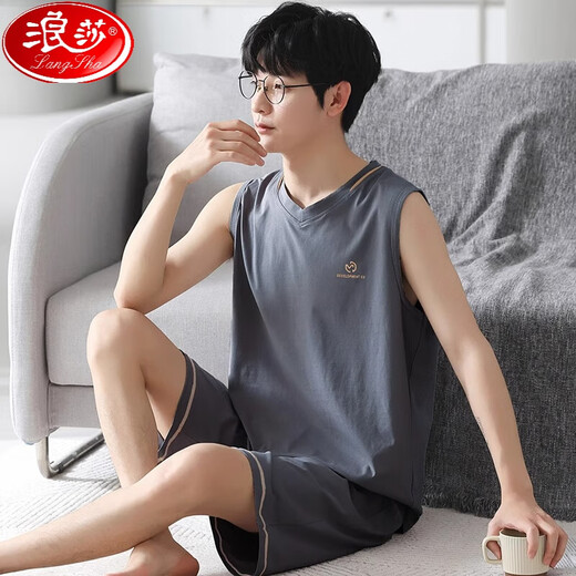 浪莎（LangSha）睡衣男士夏季薄款莫代尔背心无袖短裤冰丝凉感夏天大码家居服套装 A-12023 L
