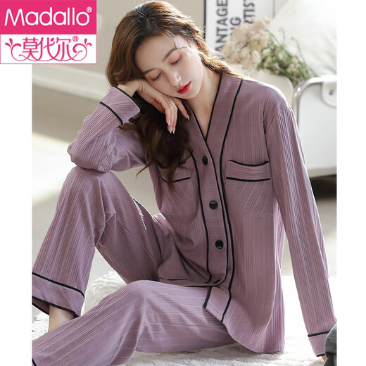 Modal pajamas women's spring and autumn autumn pure cotton long-sleeved home clothes full cotton plus large size loose autumn thin T9274 elegant black 2XL (175)