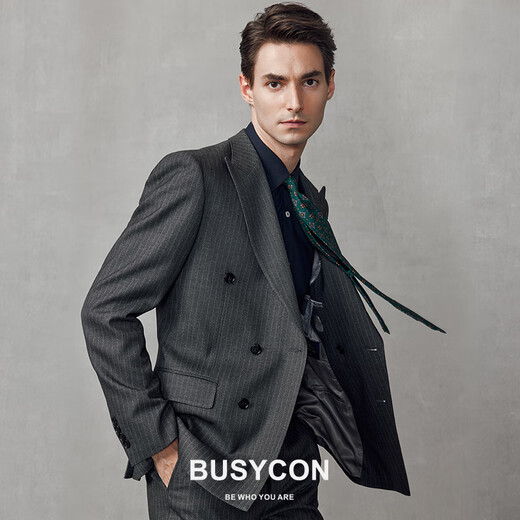 BUSYCON Suit Men's Business Professional Formal Groom Wedding Dress British Style Double-Breasted Striped Suit Men's Gray Black (Top + Vest + Pants) Double-breasted 46