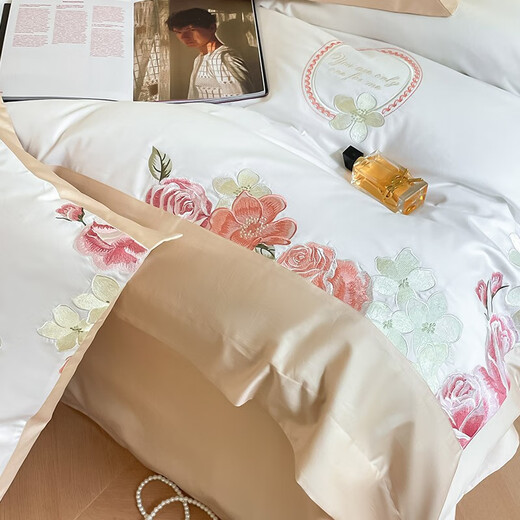 Arctic velvet (Bejirog) 100 long velvet cotton four-piece set full cotton embroidered quilt cover bed sheet double pure cotton quilt cover bedding style slightly drunk rose - elegant white 1.5m (5 feet) bed sheet four-piece set