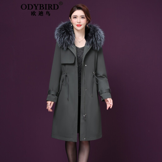 ODYBIRD Odybird brand 2019 season and winter new fashion fur coat Rex rabbit fur liner mid-length parka women's detachable coat military green XL