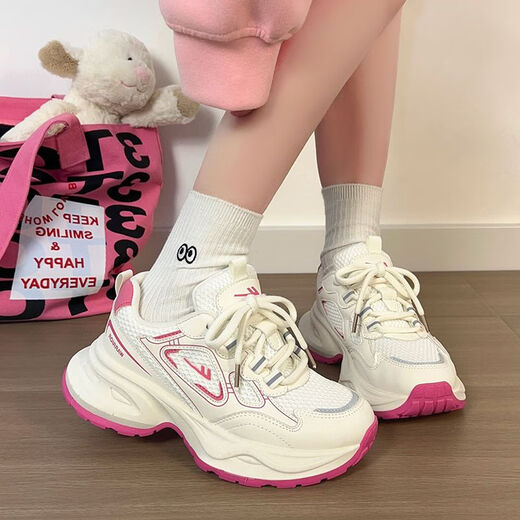 Huili women's shoes thick-soled dad shoes women's breathable versatile trendy shoes retro casual shoes J841Z rice/pink 38