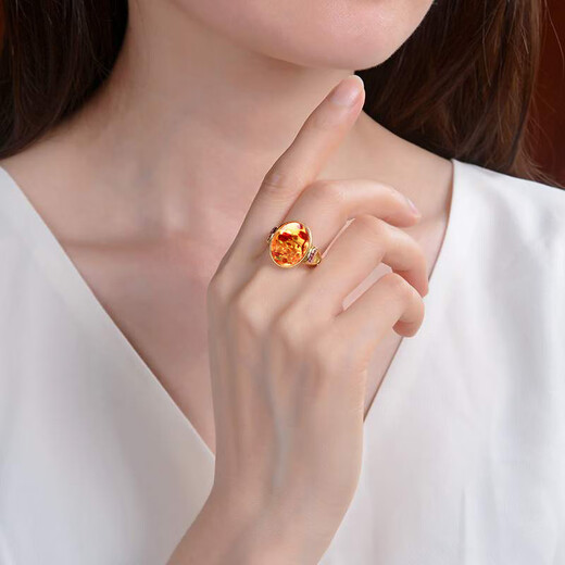 Chengyuanxiang CREORISETIN natural flower amber ring, raw stone, beeswax amber two-color ring, sterling silver inlay, live female best friend's birth year gift, flower amber ring