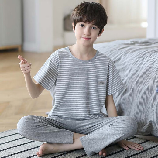 EMBERLOVE男童睡衣纯棉儿童春秋薄款短袖长裤套装大童青少年男孩空调家居服 N9903【短长】 165 L码，【100斤-115斤】