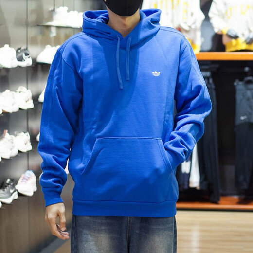 阿迪达斯 （adidas）卫衣男士春秋季三叶草运动服针织连帽休闲上衣套头衫 HK9866蓝色磨毛毛圈  L