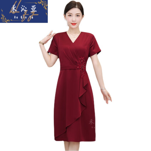 禾沁亚新娘妈妈礼服国庆结婚喜婆婆婚宴装连衣裙平时可穿小个子婚礼 红色 [6197款原版质量] L [建议110斤以下]