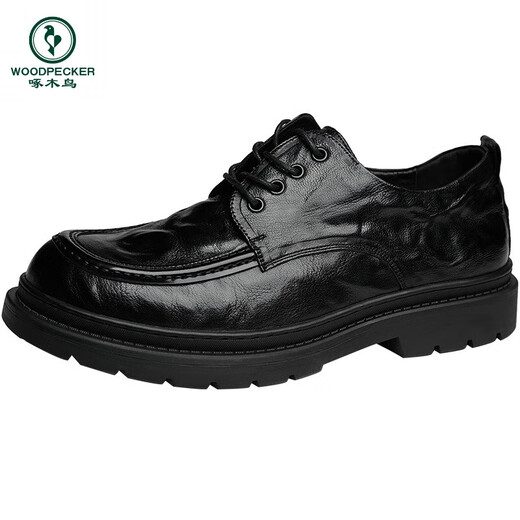 Woodpecker spring and autumn new men's shoes business casual leather shoes thick-soled leather shoes large leather shoes men's wide-head men's leather shoes black 37