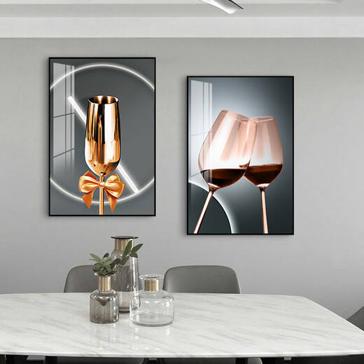 Yijlj pintura de decoración de restaurante moderno y simple de dos enlaces copa de vino creativo pintura colgante luz atmosférica comedor de lujo salón de pared de la pared de vaso de vidrio 1225712255 60*80 Imagen de conjunto de diamantes + marco de aleación de aluminio + marco negro