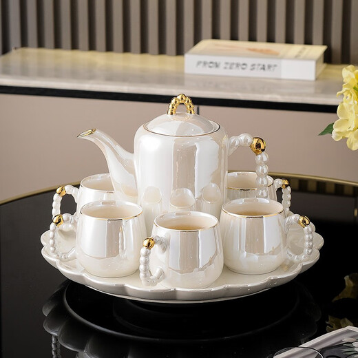 Yanze Light Luxury Wedding Gift Wedding Gift for Couple Glass Tea Set Rotatable Practical Cup Pearl Ear Pearlescent Eight-piece Set-Gift Box