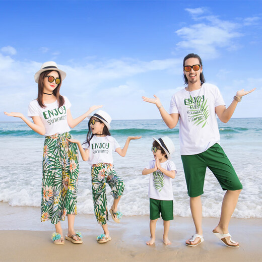 Buenpu parent-child clothing for a family of three, summer short-sleeved suit, beach clothing, family clothing, beach vacation, Internet celebrity family clothing, white 90 boys