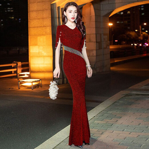 NUKM高端晚礼服女时尚网红新款蓝色长款名媛气质端庄年会鱼尾主持人裙 蓝色【9955】长款140CM XL 120-135