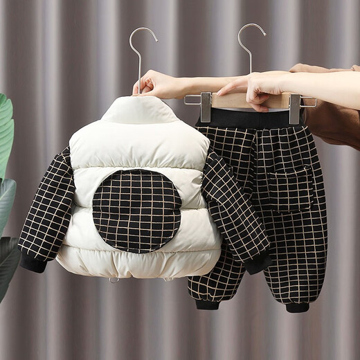 Three-piece set Leba Mouse children's clothing children's suit sweatshirt plus velvet winter clothing new style fashionable boy baby clothes 1-6 years old infants and girls thickened vest cotton pants trendy khaki color (vest + sweatshirt + pants) 90 size recommended 1-2 years old (height 80-90cm)