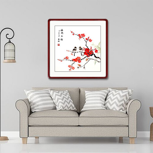 Yantang authentic hand-painted living room decorative painting three-part flower and bird hanging painting bedroom bedside ink painting restaurant decorative mural Meikaiwufu - solid wood frame + plexiglass walnut color right angle - 65*65 cm