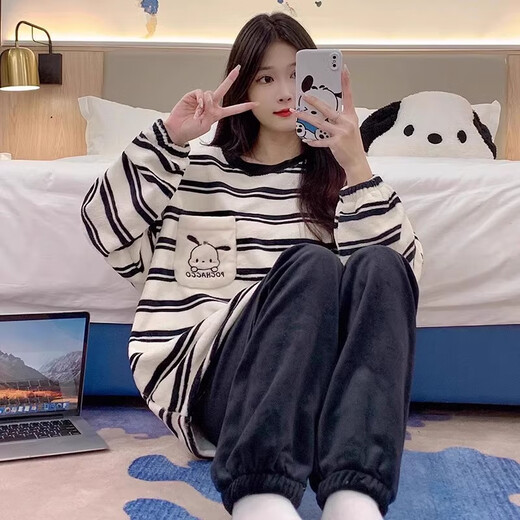 GTYUWVG睡衣冬季女款珊瑚绒加厚加绒长袖可爱宽松法兰绒家居服套装可外穿 12401# M  75-100斤