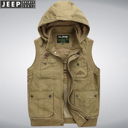 JEEP velvet thickened warm hooded multi-pocket vest middle-aged and elderly winter men's waistcoat pure cotton vest loose vest No. 1 Army Green Army Green Plus Velvet Plus Velvet 4XL 190Jin Jin is equal to about 0.5 kg