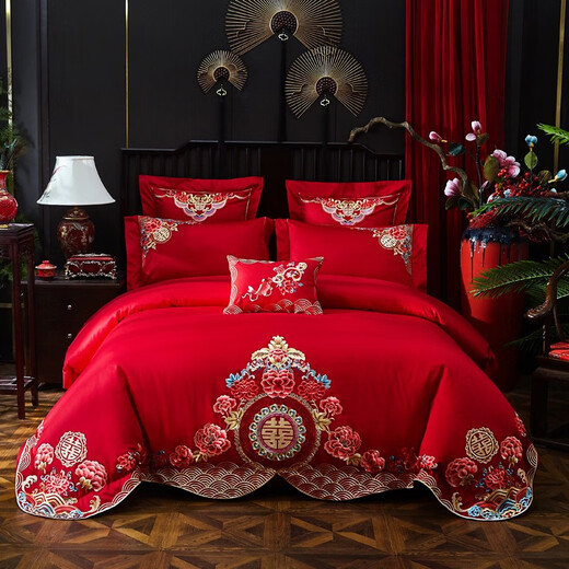 Miaopu Le Home Textile Dahong Embroidery Wedding Long Cotton Cotton Commodity Satin Jacquard Pure Cotton 4680-piece Set GD Smelling Four-piece Set Bedsheet Style 1820m Bed