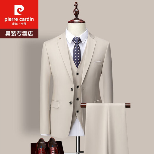 Pierre Cardin Men's Suit Suit Professional Formal Korean Style Slim Groom Wedding Dress Groomsmen Suit Business Casual Suit Spring White Three-piece Suit (Top + Vest + Trousers) XL