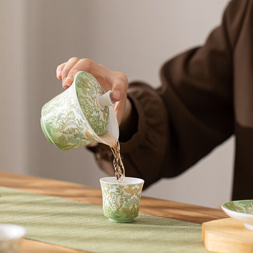 SUSHI CERAMICS Suet-fat Jade Hovering Horseshoe Three-Cai Covered Bowl Simple European Damascus Pattern Gift Box Souvenir Holiday Gift J1067