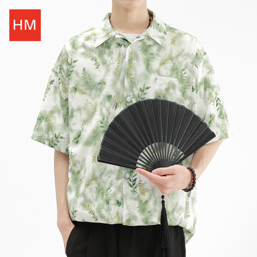 H&M官店方旗舰HM服饰夏季男士短袖衬衫日系印花宽松透气冰丝衬 HK6630香格里拉杏 M:110-130斤