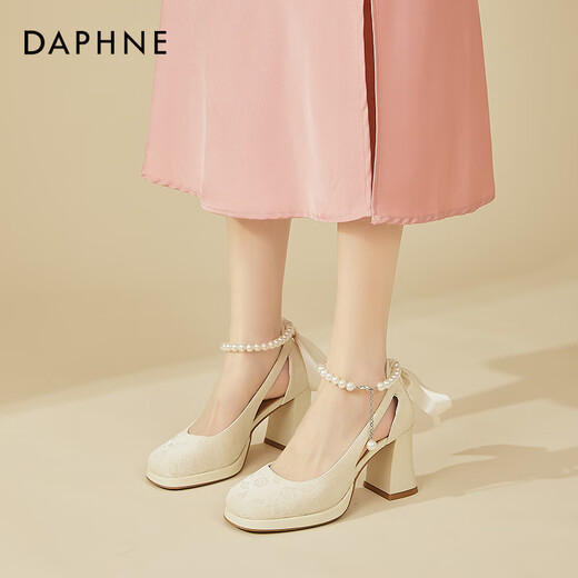 Daphne (Daphne) Chaussures célibataires pour femmes Nouvelles chinois Mary Jane High Heels 2024 Été Nouveau tempérament français avec jupe talons épais de hauteur de talon blanc 8cm 38 (240 mm) Code standard