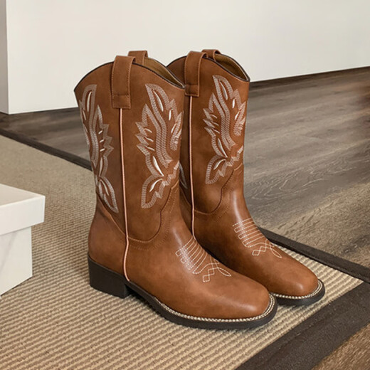 Fan Xiaoru Retro Western Cowboy-Stiefel Frauen er sui selbe bestickte Martin-Stiefel 2025 NEUE MIDE-TUBE Kurzstiefel Reisen Ritterstiefel Dunkelbraun 36 36