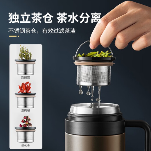 泰福高保温杯男女士带盖商务茶杯泡花茶杯不锈钢带手柄水杯办公杯 500ML骑士黑 T6172