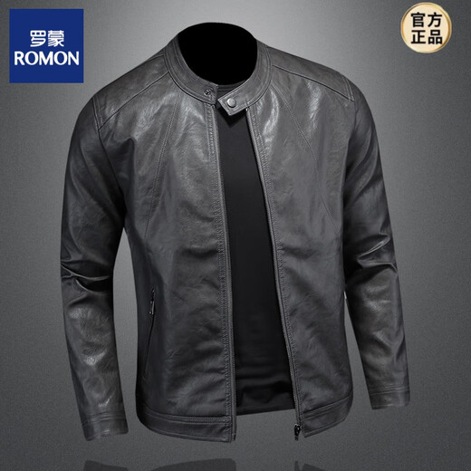 ROMON Venom European and American simple stand-up collar simulated leather jacket men's motorcycle handsome spring and autumn style overcome youth slim leather jacket gray XL one size larger