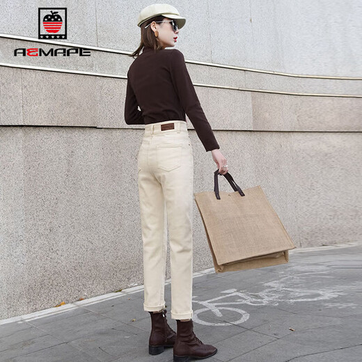 AEMAPE2025 Women's Wear plus Fleece Jeans Femme Spring et automne d'automne Small Bee White High Taon Pantal