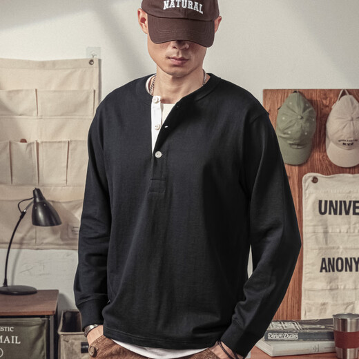 Kuraishi Kazuki Kuraishi Kazuki Japanese fashion brand pure cotton Henley collar long-sleeved T-shirt men's spring and autumn loose sweatshirt men's Henley shirt black XL