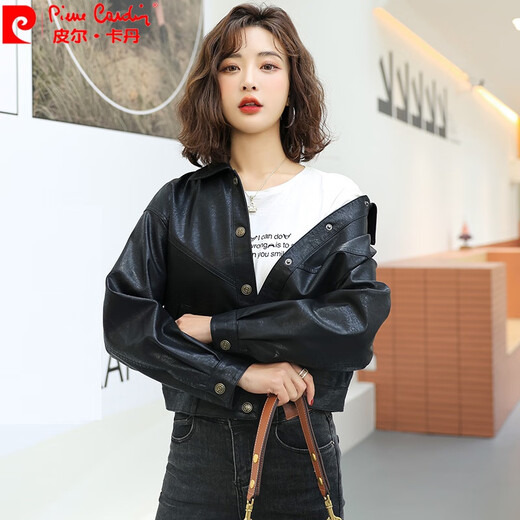 皮尔卡丹女装  针海宁真皮皮衣女短款2024春秋新款韩版休闲绵 黑色 XL 建议110-120斤