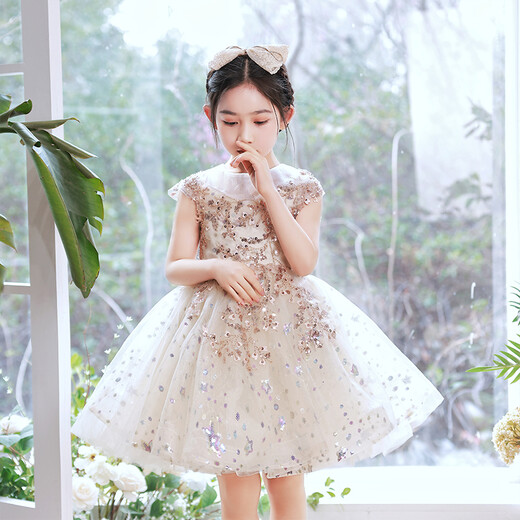 
Little Kayi thick flower girl princess skirt children's high-end evening dress fashionable little girl birthday puffy girl host performance costume 1591 champagne color sleeveless short 120cm