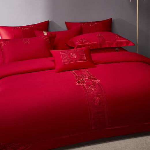 Leeland Home Textile haut de gamme des années 100 NOUVELLE broderie chinoise Dahong Liber de mariage en quatre parties Multi-pièces de litière de mariage Jinxiu Hongzhuang Four pièce de lit 1,8 / 2,0 mètres adapté à (220 * 240 cm de courtepointe)