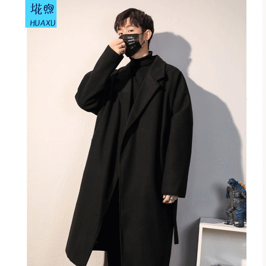Men's mid-length autumn and winter woolen coat, windproof, thick and warm men's coat, men's winter coat, cape over the knee, FK12 black regular style (belt style) 4XL (recommended weight 180-220)